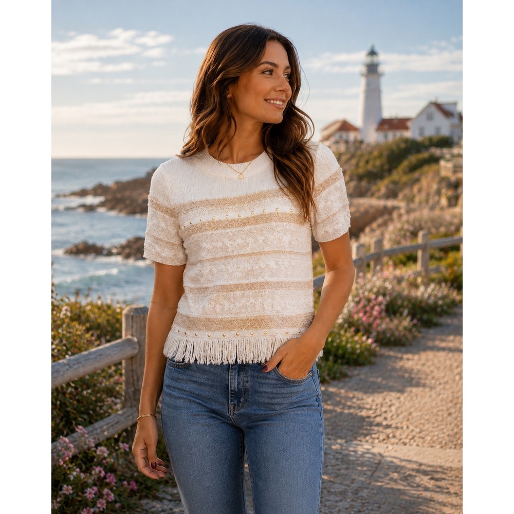 Alfred Dunner Women XL Cream Tan Fringe Sweater Studded Textured Boho Coastal